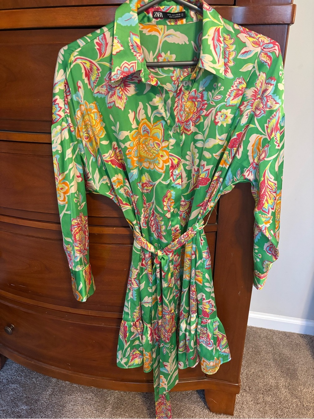 Zara Green Floral Long-Sleeve Shirt Dress with Tie
